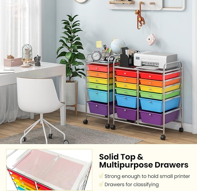 Giantex 12-Drawer Rolling Storage Cart, Multipurpose Movable Organizer Cart, Utility Cart for Home, Office, School (Multicolor)