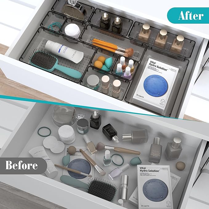 23 PCS Clear Plastic Drawer Organizers Set, 4 Size Desk Drawer Organizer Trays for Makeup, Jewelry, Kitchen Utensils, Gadgets and Office Accessories, Black