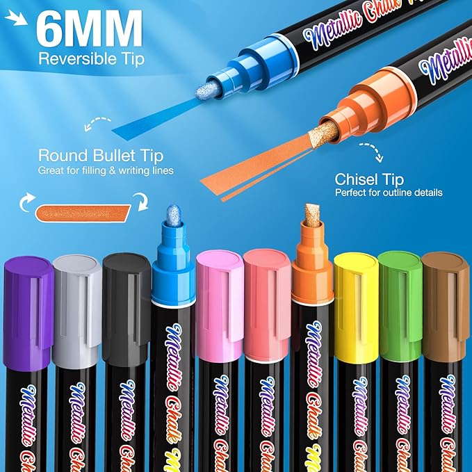 Metallic Liquid Chalk Markers for Chalkboard -10 Colors Wet Erase Window Marker Pens with 6mm Reversible Bullet & Chisel Tip for Glass, Calendar Boards, Car Decorations, Auto, Bistro, Mirror, Business