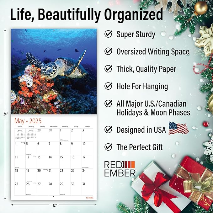 RED EMBER Sea Turtles 2025 Wall Calendar 12 Month | 12" x 24" Open | Thick & Sturdy Paper | Giftable | Calendar 2025