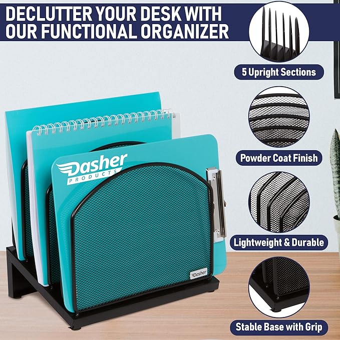 Dasher Products Inclined File Sorter Desk Organizer - File Rack with 5 Upright Sections for Documents, Binders, Folders, Clipboards, and More. Desktop Organization for Home, Office, School, and Store
