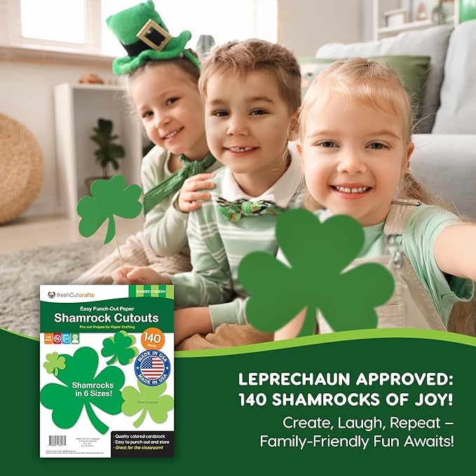 FreshCut Crafts 140 Piece Shamrock Cutouts Set: Pre-Cut Green Irish Clover Shapes for School Supplies, Decorating Themed Events Bulletin Board & St. Patrick's Day Decor, US Made Quality Card Stock