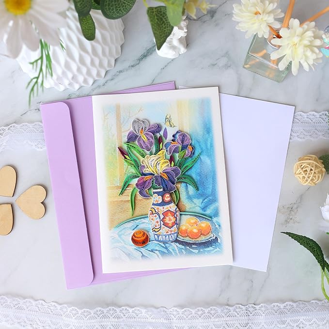 KingKraft Iris Flower Quilling Card, Handcrafted Greeting Card for All Occasions, Birthday Card for Mom, Thinking of You, Get Well, Anniversary, Valentines Day, Mothers Day Card, Blank Inside