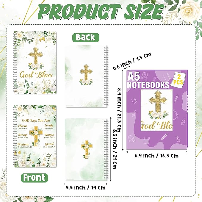2 Pack A5 Floral Cross Religious Spiral Notebooks - God Bless Bible Verses Writing Notebooks, Ruled Hardbound Lined Journal, Christian Christmas Gift, Sunday School Supplies (Green Gold)