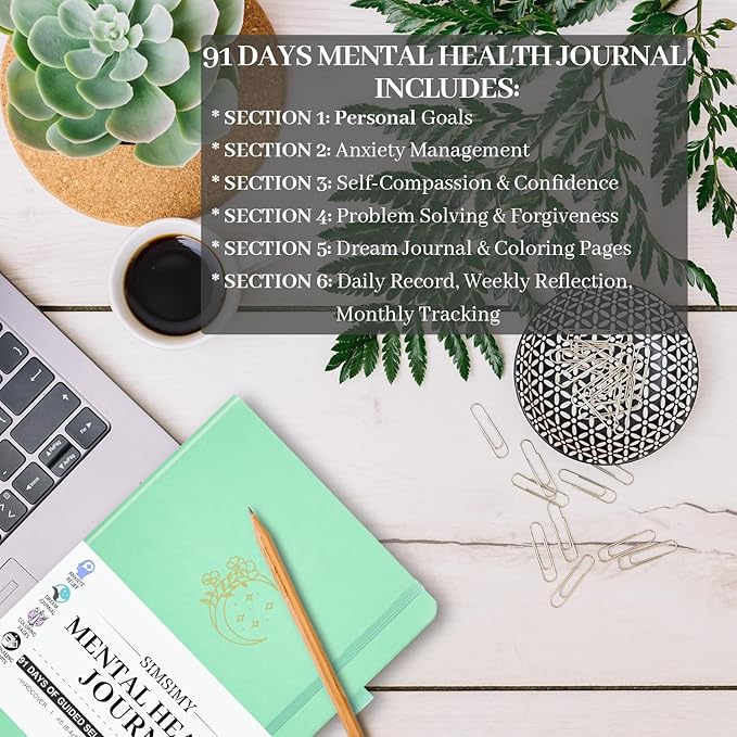 Mental Health Journal, 91-Day Self Care Journal for Women Men, Guided Anxiety & Stress Relief Journal with Mood Tracker, Cognitive Behavioral Therapy Journaling with Mental Health Coloring Pages & Dream Log