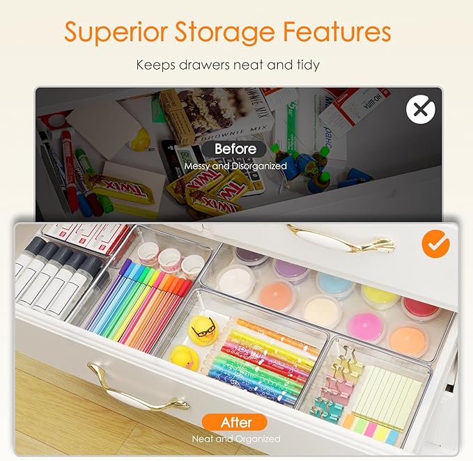 Criusia Drawer Organizer, 18 Pack Large Clear Plastic Kitchen Drawer Organizers Set, 6 Size Versatile Bathroom and Vanity Drawer Organizer Trays, Storage Bins for Makeup, Bedroom, Kitchen Utensils