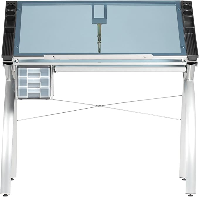 SD STUDIO DESIGNS Futura Crafting, Drafting, Drawing Adjustable Top Hobby Table Writing Studio Art Desk with Drawers, 38''W x 24''D, Tempered, Silver/Blue Glass