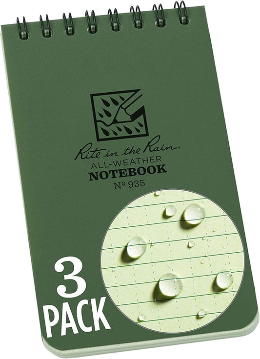 Rite in the Rain Weatherproof Top Spiral Notebook, 3" x 5", Green Cover, Universal Pattern, 3 Pack (No. 935-3X)