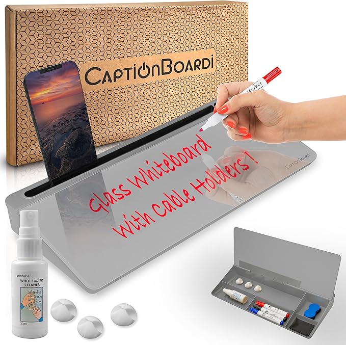 15-Inch Desktop Whiteboard - Glass Dry Erase Board for Desk Whiteboard with Stand with 3 Markers, Spray Bottle, 3 Cable Holders & Storage Box Work from Home Office Gadgets, Grey