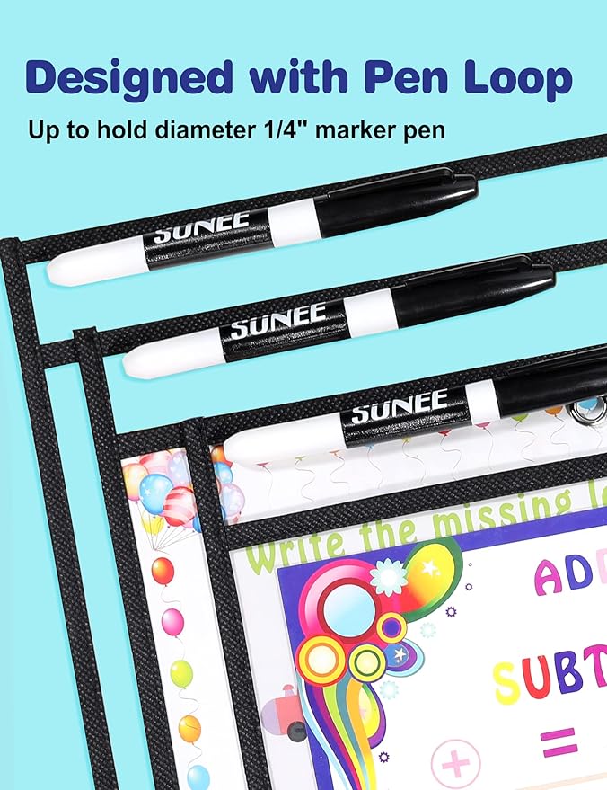 SUNEE 6 Packs Oversized Reusable Dry Erase Pocket Sleeves with Ring, Black 10x14 Ticket Holders, Clear Plastic Sheet Protectors, Teacher School Classroom Supplies