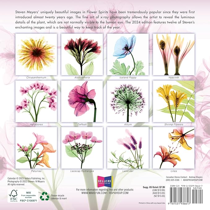 Flower Spirits 2024 Mini Calendar — Radiographs of Nature by Steven N. Meyers, 7" x 7"