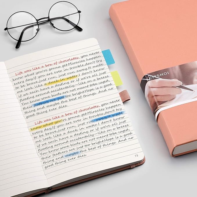 EMSHOI College Ruled Notebook-120gsm Thick Paper, 256 Numbered Pages Lined Journal for Women, 16 Perforated Pages, Faux Leather Hardcover, Inner Pocket, Pen Holder, A5 Medium 5.75" x 8.38"-Pink