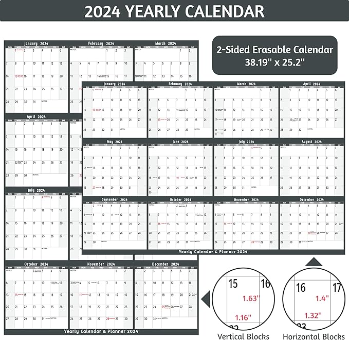 2024 Dry Erase Calendar – Large Yearly Wall calendar 2024, 38.2'' x 25.2'', 2-Side Reversible Calendar 2024, Vertical/Horizontal, Jan 2024 – Dec 2024, 2024 Wall Calendar with Notes, Stickers - Grey