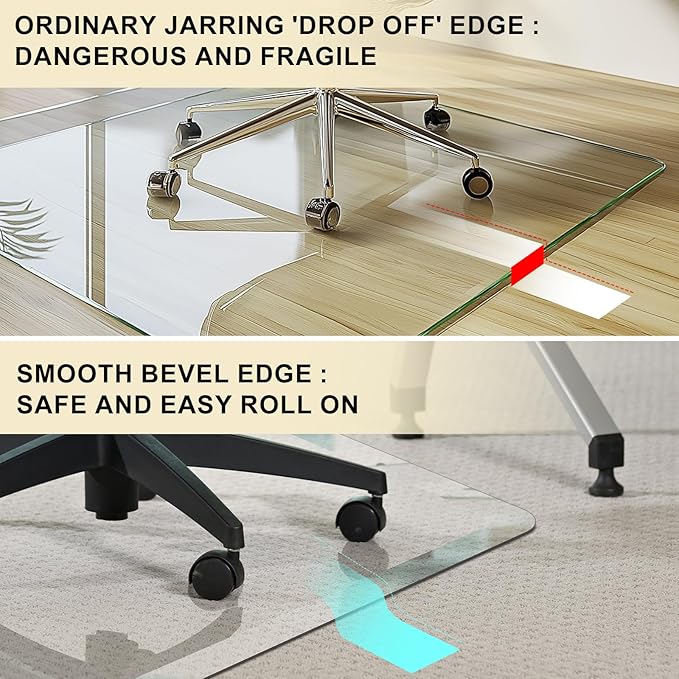 JAMBALAY Premium Tempered Glass Chair Mat with Beveled Edge for Easy Roll On, 55"x46" Office Floor Mat for Carpets or Hard Floor, Office Chair Mat with 4 Non Slip Pads, Thick 0.2″