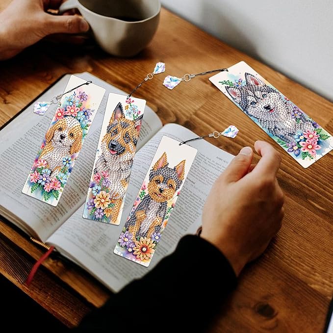 4 Pieces Diamond Art Painting Bookmarks for Adults 5D Floral Rhinestone Bookmarks Animal Dog Art Bookmarks DIY Diamond Painting Bookmarks with Tassels Crafts Supplies