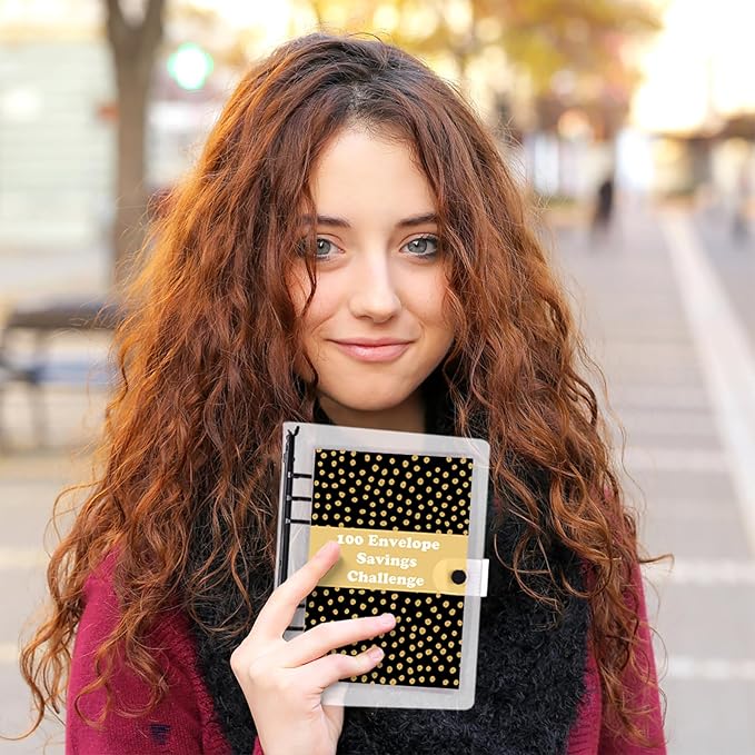 HAUTOCO 100 Envelopes Money Saving Challenge A5 Binder, Savings Challenges Book to Save $5,050, $500, $10,000, Budget Binder with Cash Envelopes, PVC Money Saving Binder with Challenge Trackers, Black