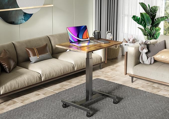 Mobile Standing Desk, Small Rolling Standing Desk, Mobile Desk Workstation with Wheels, Pneumatic Mobile Laptop Desk for Home Office with Hook, Rustic Brown