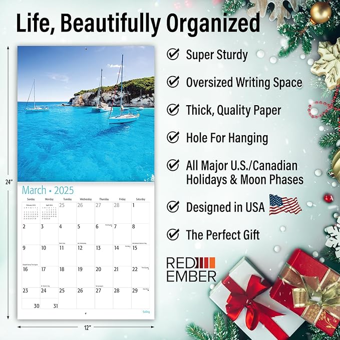 RED EMBER Sailing 2025 Wall Calendar 12 Month | 12" x 24" Open | Thick & Sturdy Paper | Giftable | Calendar 2025