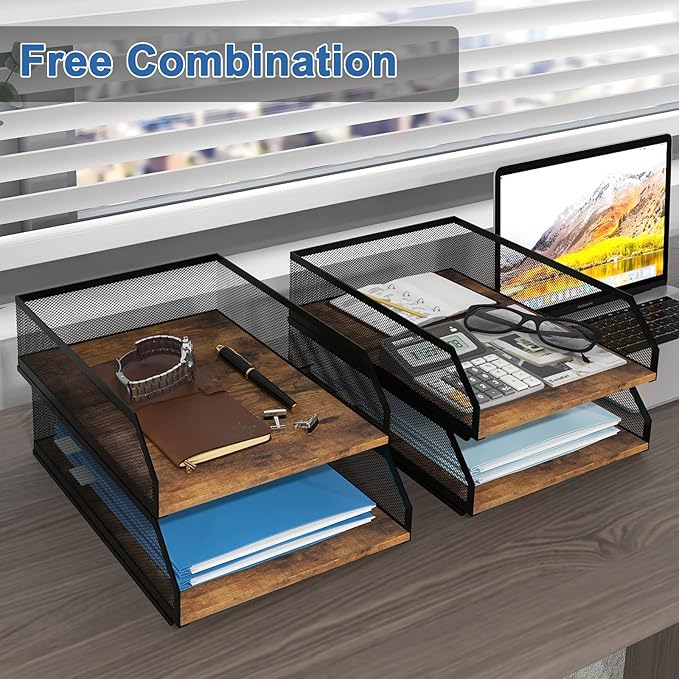 Natwind 4-Tier Stackable Paper Tray, Metal Mesh Desktop Organizer, Wood Board Paper Sorter, Letter Trays,File Document Storage Rack for for Home, Office, School (Retro)