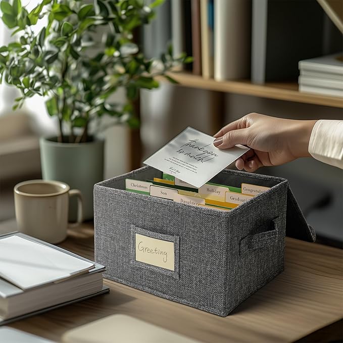 Vienrose Greeting Card Organizer Storage Box with 20 Removable Dividers, 84 Self-stick Labels, Perfect for Photos, Envelopes, Scrapbooking, Paper, Stickers Holder 1 Pack Grey