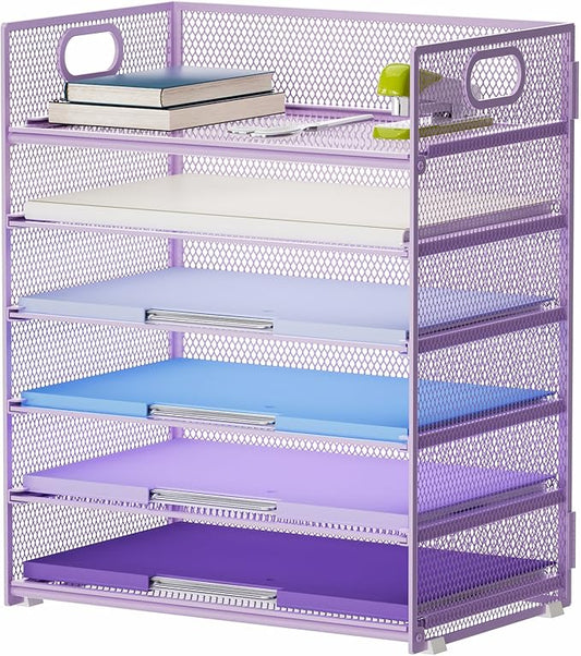 Marbrasse 6 Tier Paper Organizer - Mesh Desk File Holder with Handle, Letter/A4 Paper Sorter - Purple