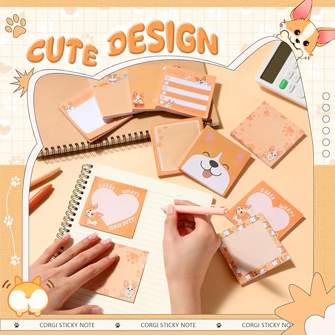 9 Pads Cute Sticky Notes Cartoon Animal Self Stick Notepads 3x3 Inches Notes Adhesive Memo Pad Office Decor Gifts for Students School Office Meeting(Corgi)