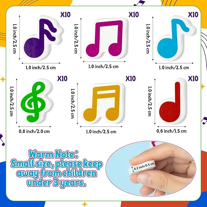 CJiangpo 60Pcs Music Mini Eraser for Kids Bulk - Musical Note Pencil Rubber Eraser Novelty 3D Desk Puzzle Music Themed Birthday Party Favors Filler Kids Back to School Classroom Prizes Gifts