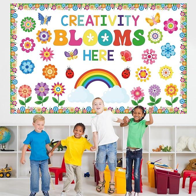 Kosiz Spring Flower Bulletin Board Decorations Set Great Minds Bloom Here Classroom Decorations Colorful Butterfly Rainbow Cloud Paper Cutouts with Floral Borders for School Chalkboard Wall Door Home