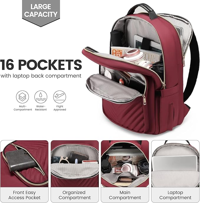 LOVEVOOK Laptop Backpack for Women 15.6 inch,Cute Womens Travel Backpack Purse,Professional Laptop Computer Bag,Waterproof Work Business College Teacher Bags Carry on Backpack with USB Port,Wine Red