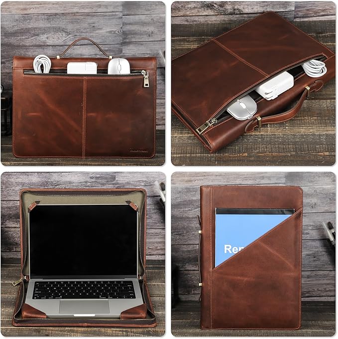 Top Grain Leather 14.2" Slim Laptop Zipper Folio Case Bag, Vintage Design & 2 Pockets, Handmade, Compatible with MacBook Pro 14" 2021 2022 M1 Pro/M1 Max A2442 & Other PC, Brown 14.2 Inch