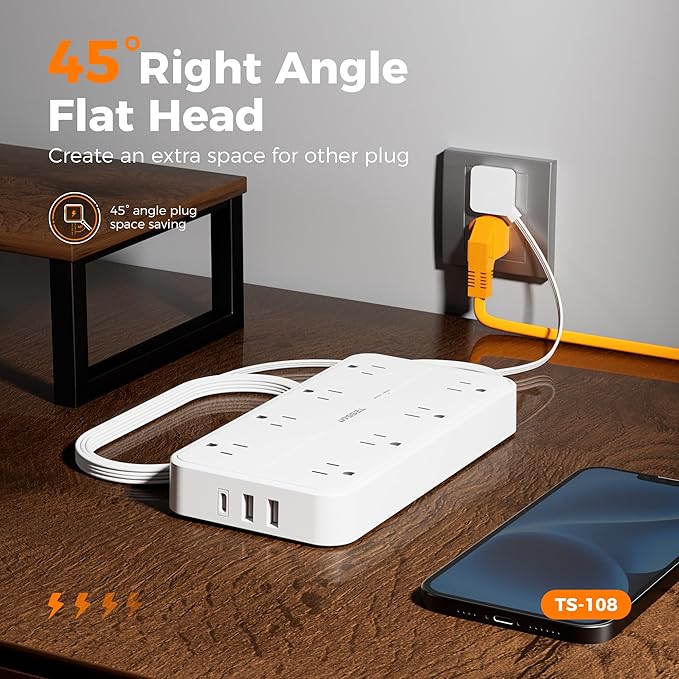 Power Strip with Surge Protection, TESSAN Flat Plug Extension Cord with 8 Outlets 3 USB Ports(1 USB C), 1080J Wall-Mounted Charging Station for Apartment Office School Dorm Room Essentials