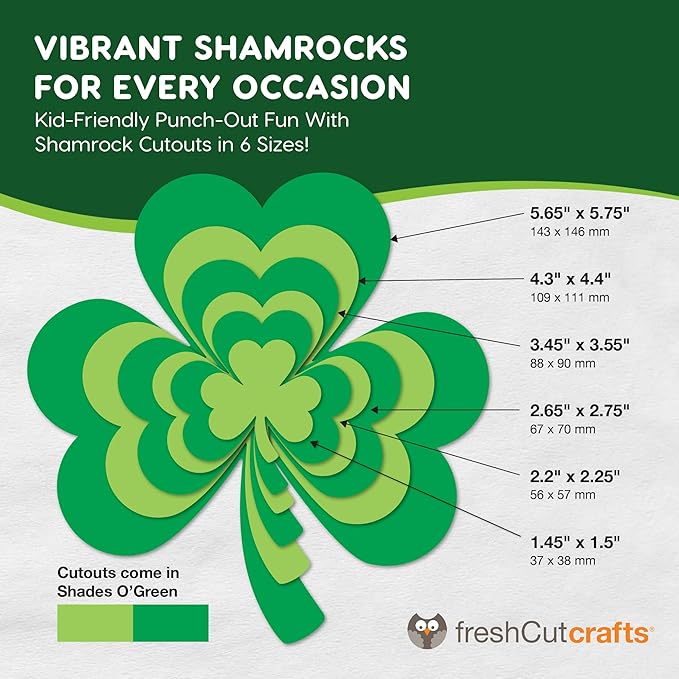 FreshCut Crafts 140 Piece Shamrock Cutouts Set: Pre-Cut Green Irish Clover Shapes for School Supplies, Decorating Themed Events Bulletin Board & St. Patrick's Day Decor, US Made Quality Card Stock
