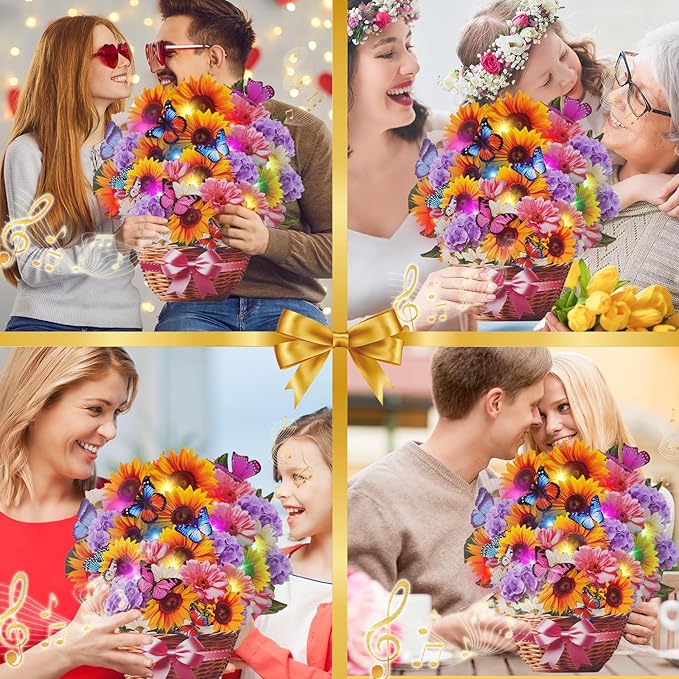 Flower Bouquet Birthday Cards with MUSIC & LIGHTS, 3D Pop Up Greeting Cards, 12 Inch Life Sized Sunflower Butterfly Mothers Day Cards for Mom Women Sister Daughter Grandma