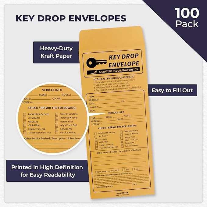 Volcora 100 Pack Key Drop Off Envelopes for After Hours, Night Drop Key Envelopes for Auto Shop Repair, Self Adhesive Envelope for Service Drop Box Overnight, Early Bird, Bussines 4 1/2 x 10 3/10 in