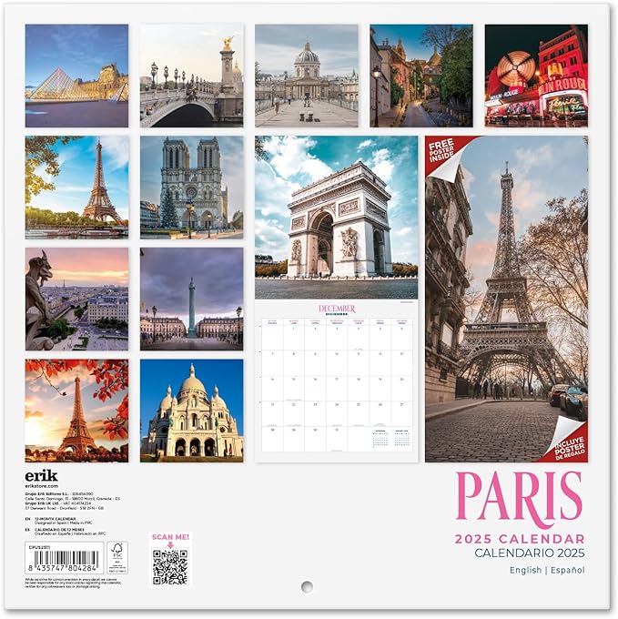 Paris Wall Calendar 2025 12" x 12" FSC® Plastic Free - Starts Week On Sunday | Square Wall Calendar | Family Planner Calendar 2025 | Travel Calendar 2025