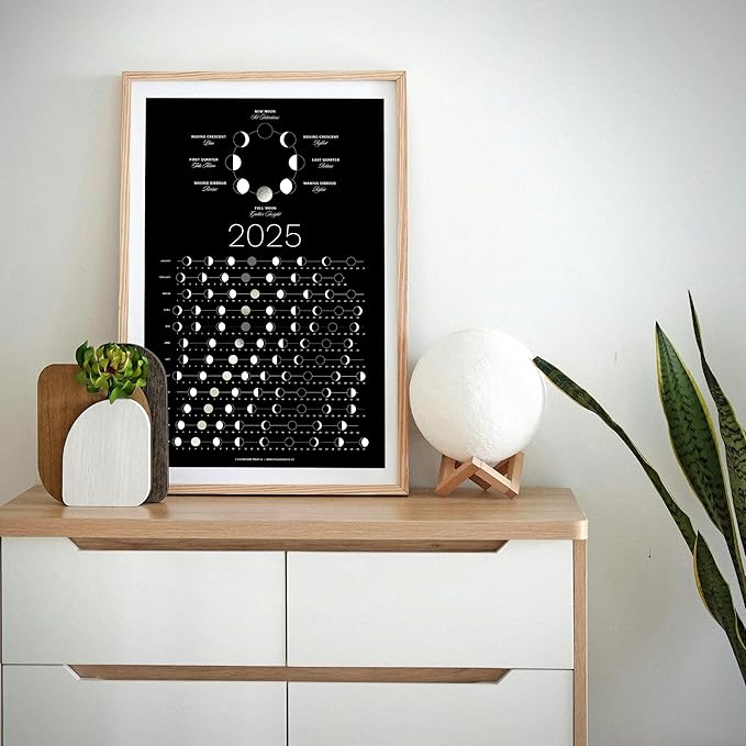 2025 Moon Phase Calendar (SHIPS FLAT) - Hangable Silver Lunar Wall Poster - Great as a Unique Gift, Moon Tracking, Wall Décor & Art, Astrology Decorations - A Celestial Calendar - by Thankful Greetings