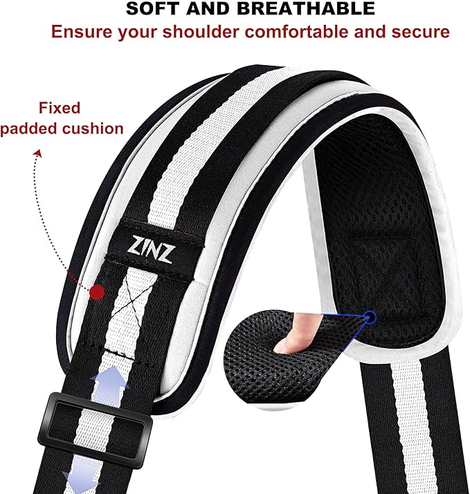 ZINZ 75" Shoulder Strap with Fixed Pad and Dual Balanced Buckles，Black-White-Black Stripe