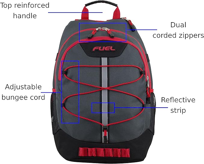 FUEL Hiking Backpack for Women Men Terra Sport, Travel, College, Gym, Work with Laptop Sleeve, Bungee, 18 Inches, Black Red Graphite