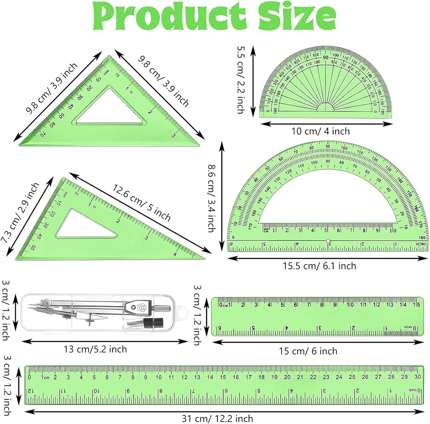 Zonon 1 Set Plastic Geometry Math Set Includes Drawing Compass, 6 Inch 4 Inch Protractor, 45/60 Degree Triangle Rulers 12 Inch 6 Inch Math Ruler Transparent for Office Supplies(Green)