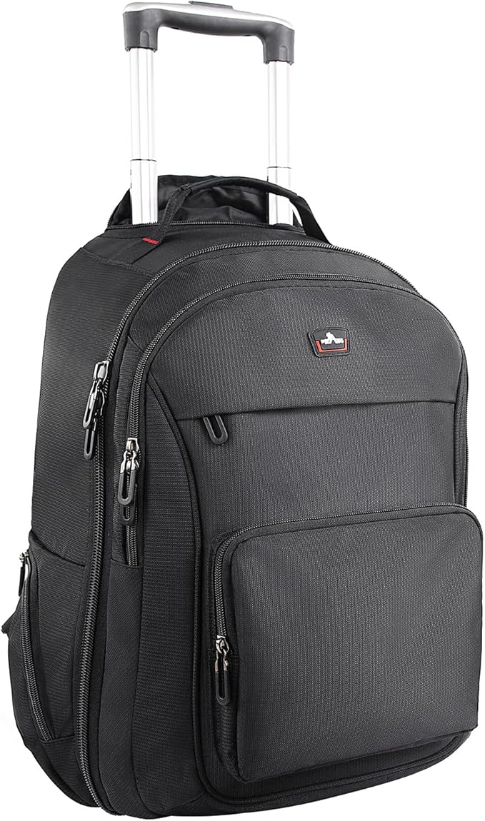 Rolling Backpack for Laptop 15.6 inch, Waterproof Travel Bag with Wheels, Business Carry on Luggage, Multi-compartments, Adjustable Aluminum Telescopic Handle, Black