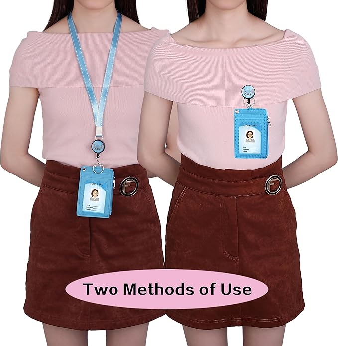 Cute ID Badge Holder Retractable Lanyard Reel Clip with Heavy Duty Carabiner, 5 Card Slots in 2 Sided with Key Ring and Zipper for Women Students Teens Girls Office Staff