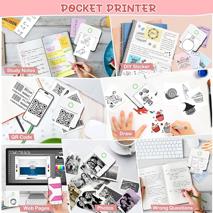 Mini Thermal Printer, Portable Mini Printer with 10 Rolls Paper, Sticker Printer Machine, Study Printer for Notes, Photos, Journals, DIY, Mini Pocket Printer Compatible with Android & iOS