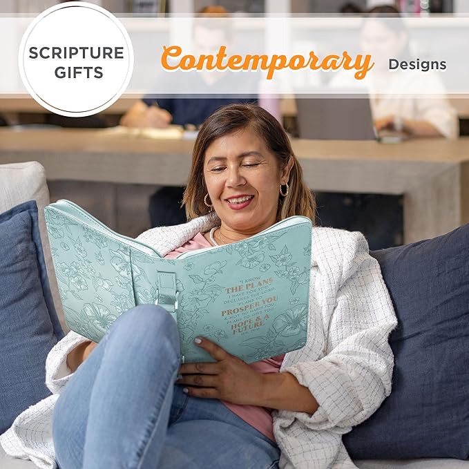 Christian Art Gifts Faux Leather Fashion Bible Cover: I Know The Plans I Have for You - Jeremiah 29:11 Inspirational Bible Verse, Debossed Floral Teal Design, Medium