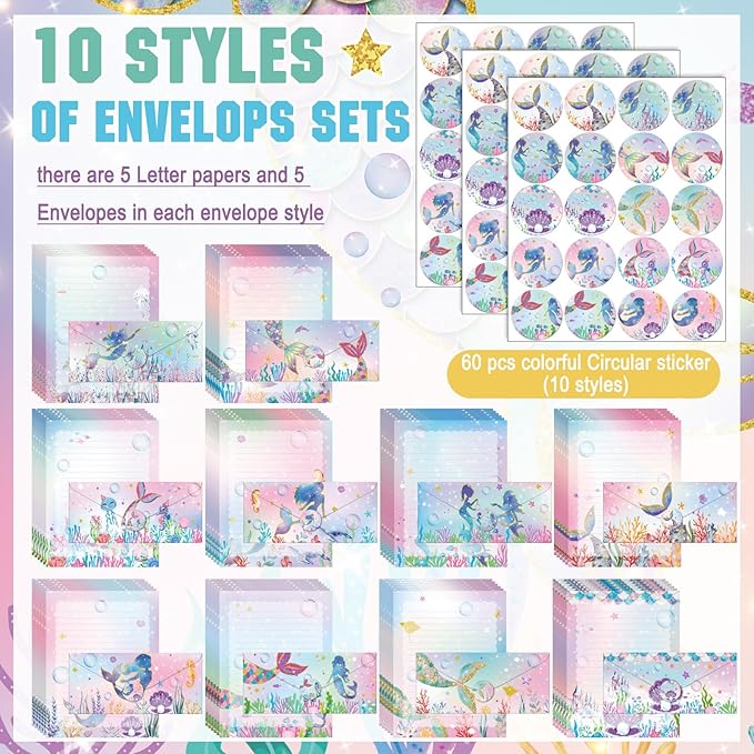 TaoBary 160 Packs Stationery Paper Set (50 Double Sided Stationery Writing Papers 50 Matching Envelopes) 60 Round Dot Sticker, 10 Design(Mermaid,8.5 x 11 Inch)