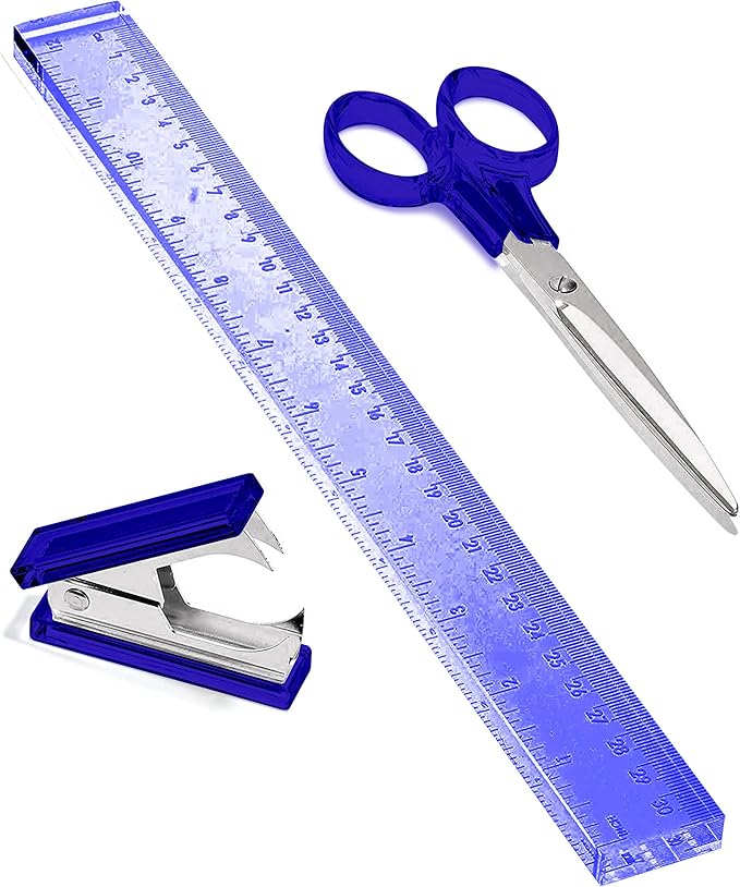 OfficeGoods 3 Piece Acrylic Desk Set - Includes Ruler, Staple Remover, Scissors - Functional & Elegant Desk Accessories - Stationery Tools for Home, Office, and School - Blue with Silver Metal