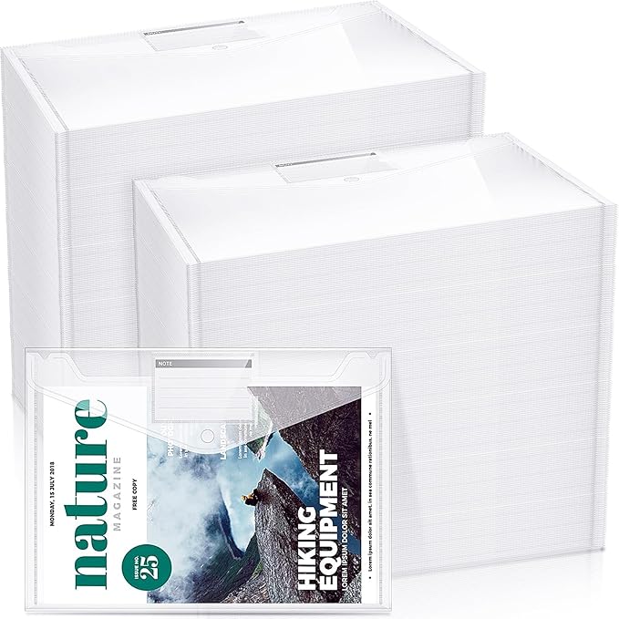 Zhehao 100 Pcs Clear Envelopes with Snap Button Closure A4 Letter Size Plastic Envelope Folder Poly Document File Folders for home Office(Clear,Pocket Style)