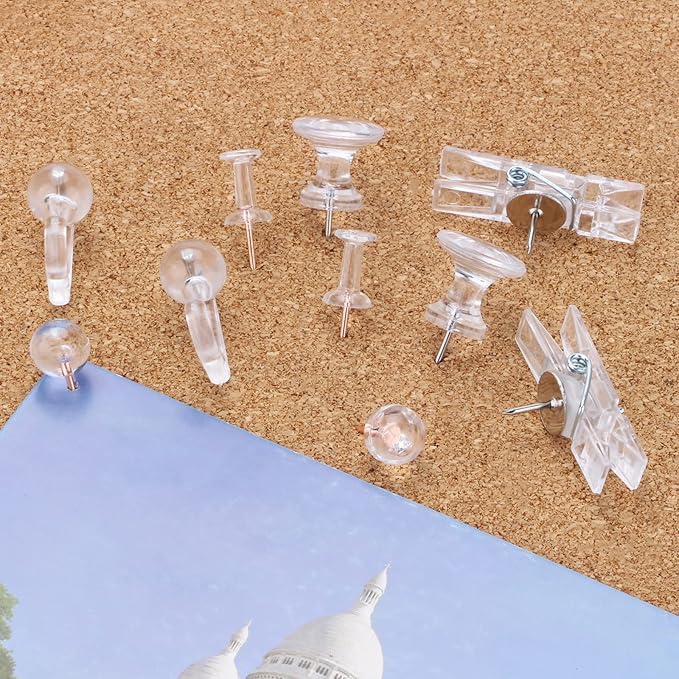 Clear Push Pins Set, 5 Styles 125-count Thumb Tacks Map Pins, Steel Point and Clear Plastic Head Pushpins Transparent Thumbtacks for Cork Board Bulletin Boards