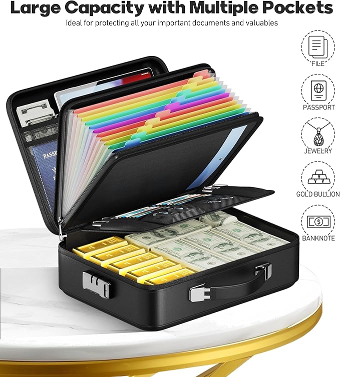 Fireproof Document Box with Water-Resistant Zipper, Hard Case Fireproof Box with Lock, Portable Hard-Shell Fire Safe Box, Large Capacity File Organizer for Important Documents, Laptop (Black, M)
