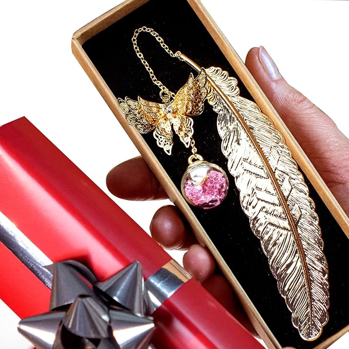 Toirxarn Gold Feather Bookmark with Butterfly Charm - Elegant Bookmarks for Women, Teacher Appreciation Gifts, Book Lovers Gifts, Book Marker for Reading, Unique Birthday Gifts, Stocking Stuffers