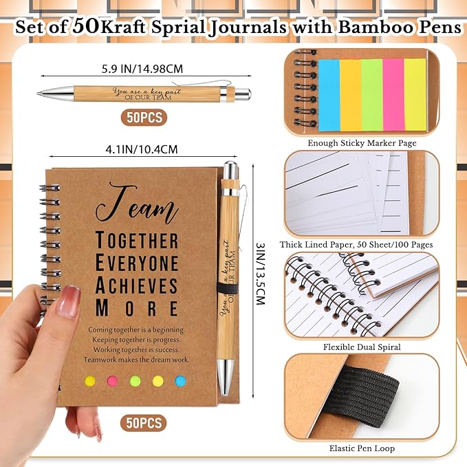 Jetec 50 Sets Bulk Employee Appreciation Gifts Bulk Inspirational Spiral Notebook with Note Ballpoint Pen Thank You Gifts for Volunteer Social Worker Nurse Staff Coworker Students (Team)